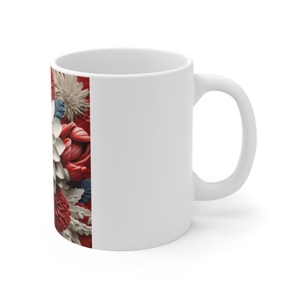 Patriotic 3D Dahlia Flower Coffee Mug – Red White Blue Sculpted Floral Mug – Bold Botanical Art Cup – Premium Americana Statement Mug Floral Dahlia Ceramic Mug — Red & Ivory 11oz