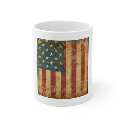 Vintage American Flag Coffee Mug – Antique Distressed USA Flag Mug – Rustic Patriotic Heritage Cup – Classic Americana Vintage Gift Vintage American Flag Mug — 11oz Patriotic Coffee Cup