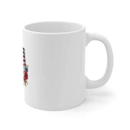 Patriotic Floral Flag Mug — American Flag Coffee Mug with Red, White & Blue Flowers (11 oz)