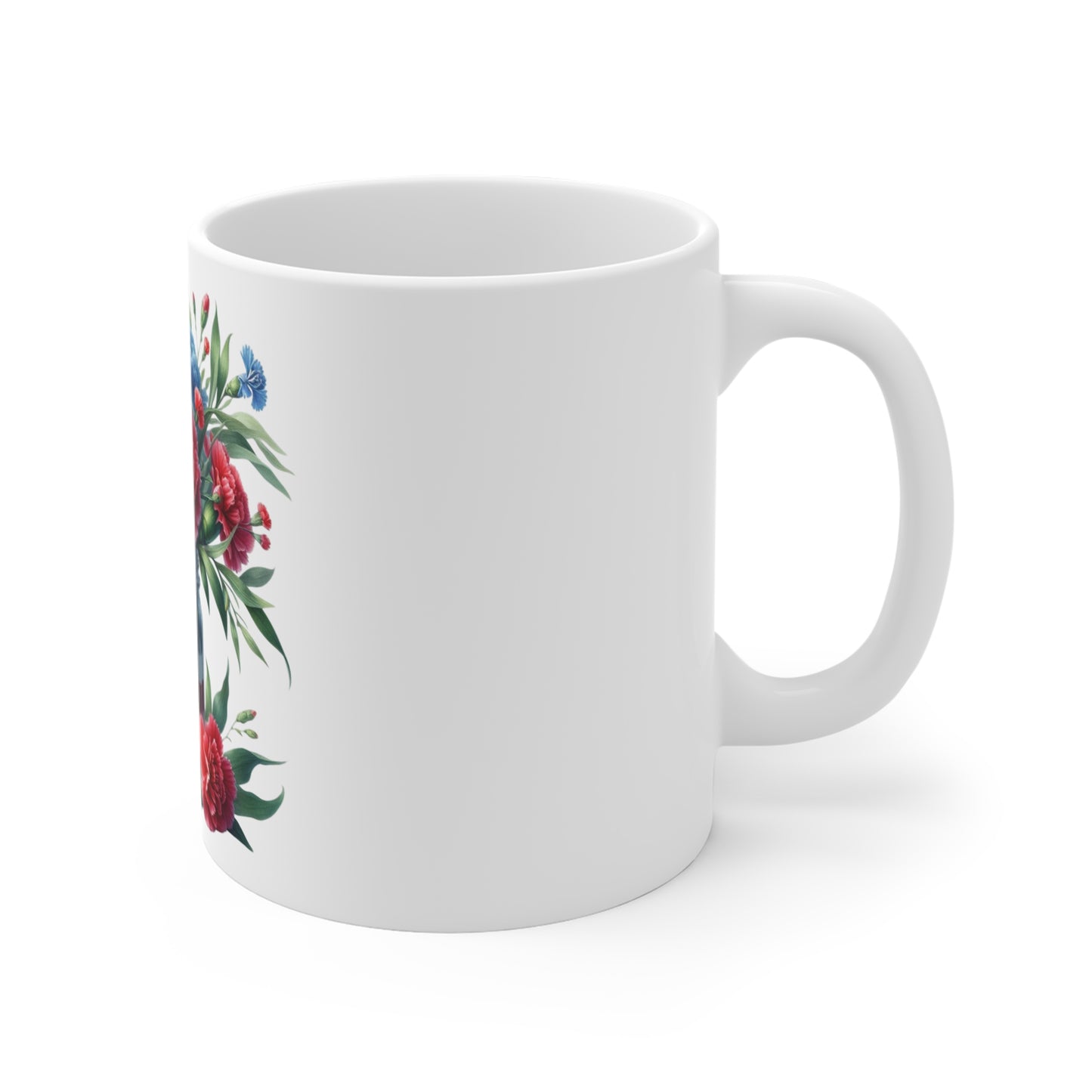Patriotic Carnation Mason Jar Coffee Mug – Red White Blue Floral Flag Mug – Americana Garden Flower Cup – 4th of July Gift Patriotic Mason Jar Floral Mug – Red, White & Blue Bouquet 11oz