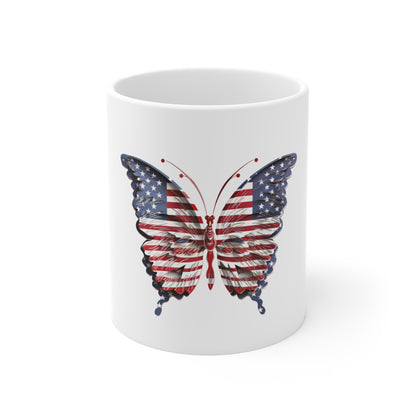Distressed American Flag Butterfly Coffee Mug – Vintage Patriotic Wings Mug – Red White Blue USA Freedom Cup American Flag Butterfly Mug – Patriotic 11oz Coffee Cup