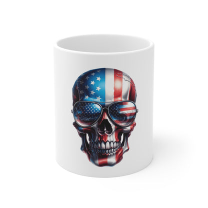 American Flag Skull Coffee Mug – Patriotic Skull with Aviator Sunglasses – USA Freedom Mug – Bold Veteran Gift Mug 11oz