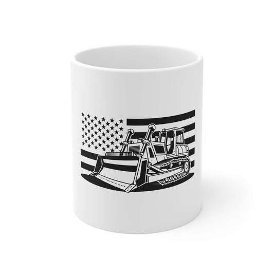 Blackout Bulldozer American Flag Coffee Mug – Patriotic Construction Equipment Mug – Tactical Heavy Equipment Operator Cup – USA Dozer Mug Mug 11oz