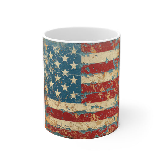Vintage American Flag Mug – Distressed Patriotic 11 oz Coffee Cup