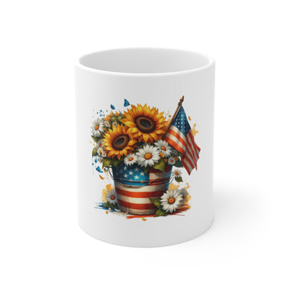Patriotic Sunflower Mug – American Flag Bucket with Sunflowers & Daisies (11oz)