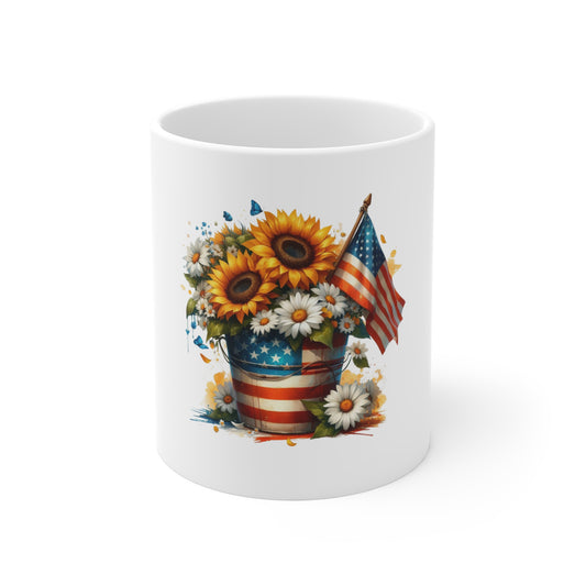 Patriotic Sunflower Mug – American Flag Bucket with Sunflowers & Daisies (11oz)