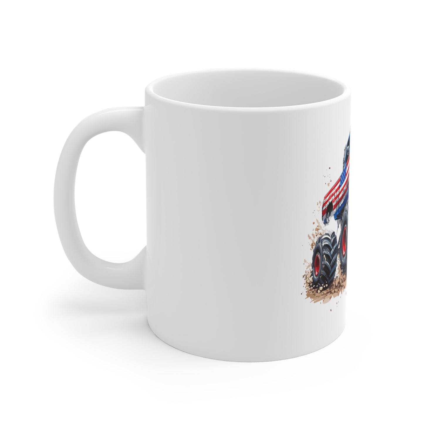 Patriotic Monster Truck Coffee Mug – American Flag Off-Road Truck Mug – USA Power Truck Design – Bold Americana Gift Mug 11oz
