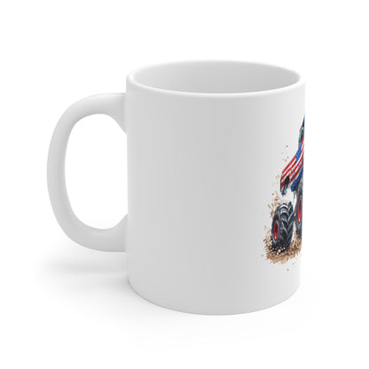 Patriotic Monster Truck Coffee Mug – American Flag Off-Road Truck Mug – USA Power Truck Design – Bold Americana Gift Mug 11oz