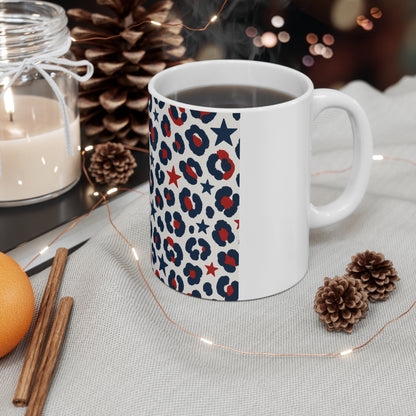 Patriotic Leopard Print Coffee Mug – Red White Blue Pattern Mug – Trendy USA Print Mug – Fun Americana Gift11oz