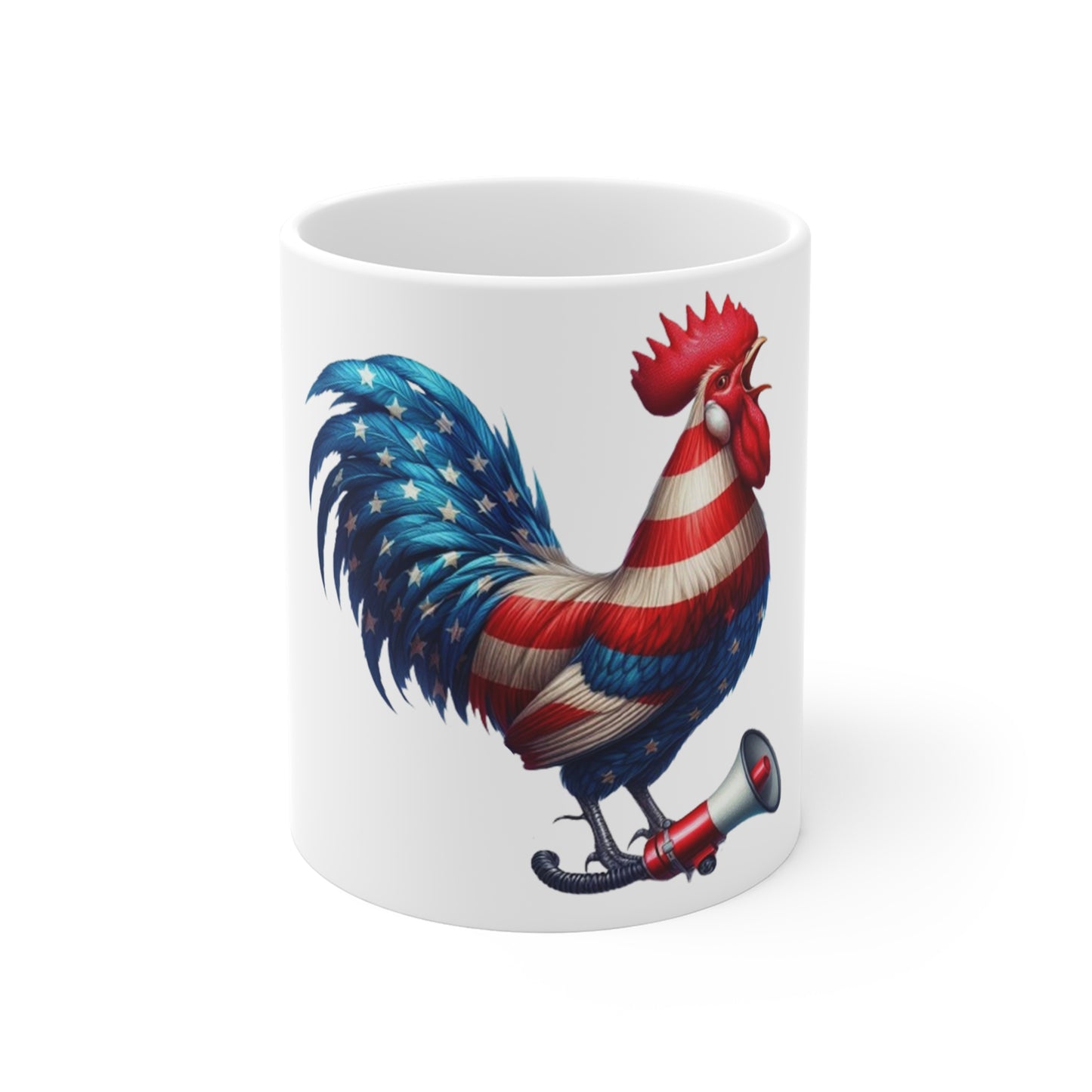 Patriotic Rooster Coffee Mug – American Flag Chicken with Megaphone – Funny USA Rooster Mug – Red White Blue Gift American Flag Rooster 11oz Coffee Mug – Patriotic Fourth of July Gift