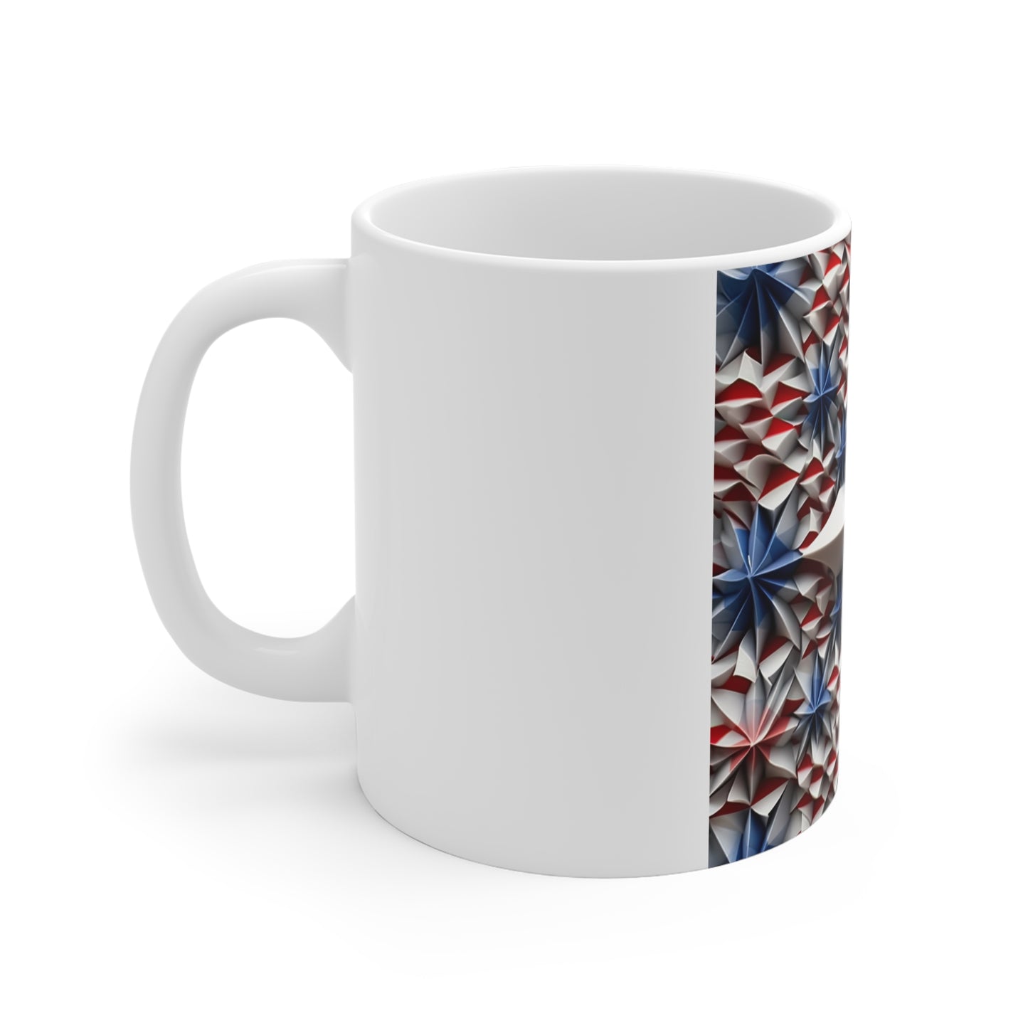 3D Patriotic Starburst Coffee Mug – Red White Blue Layered Stars Mug – Bold Americana Geometric Mug – Modern USA Star Design 11oz