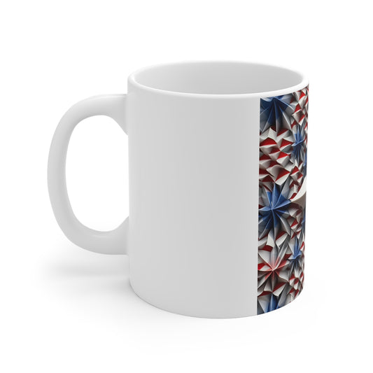 3D Patriotic Starburst Coffee Mug – Red White Blue Layered Stars Mug – Bold Americana Geometric Mug – Modern USA Star Design 11oz