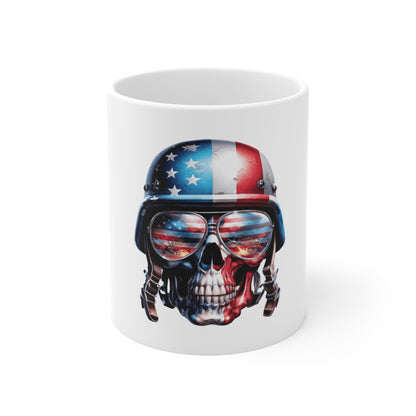 Patriotic Combat Skull Coffee Mug – American Flag Military Skull with Helmet – USA War Scene Aviator Mug – Veteran Tribute Mug 11oz