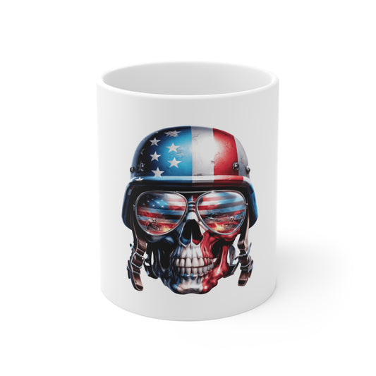 Patriotic Combat Skull Coffee Mug – American Flag Military Skull with Helmet – USA War Scene Aviator Mug – Veteran Tribute Mug 11oz