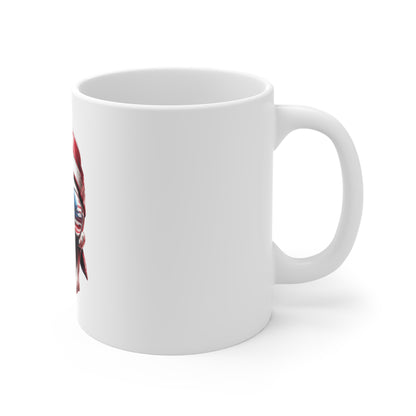 Patriotic Skull Bandana Coffee Mug – American Flag Skull with Aviator Sunglasses – USA Rebel Freedom Mug – Bold Veteran Gift Mug 11oz