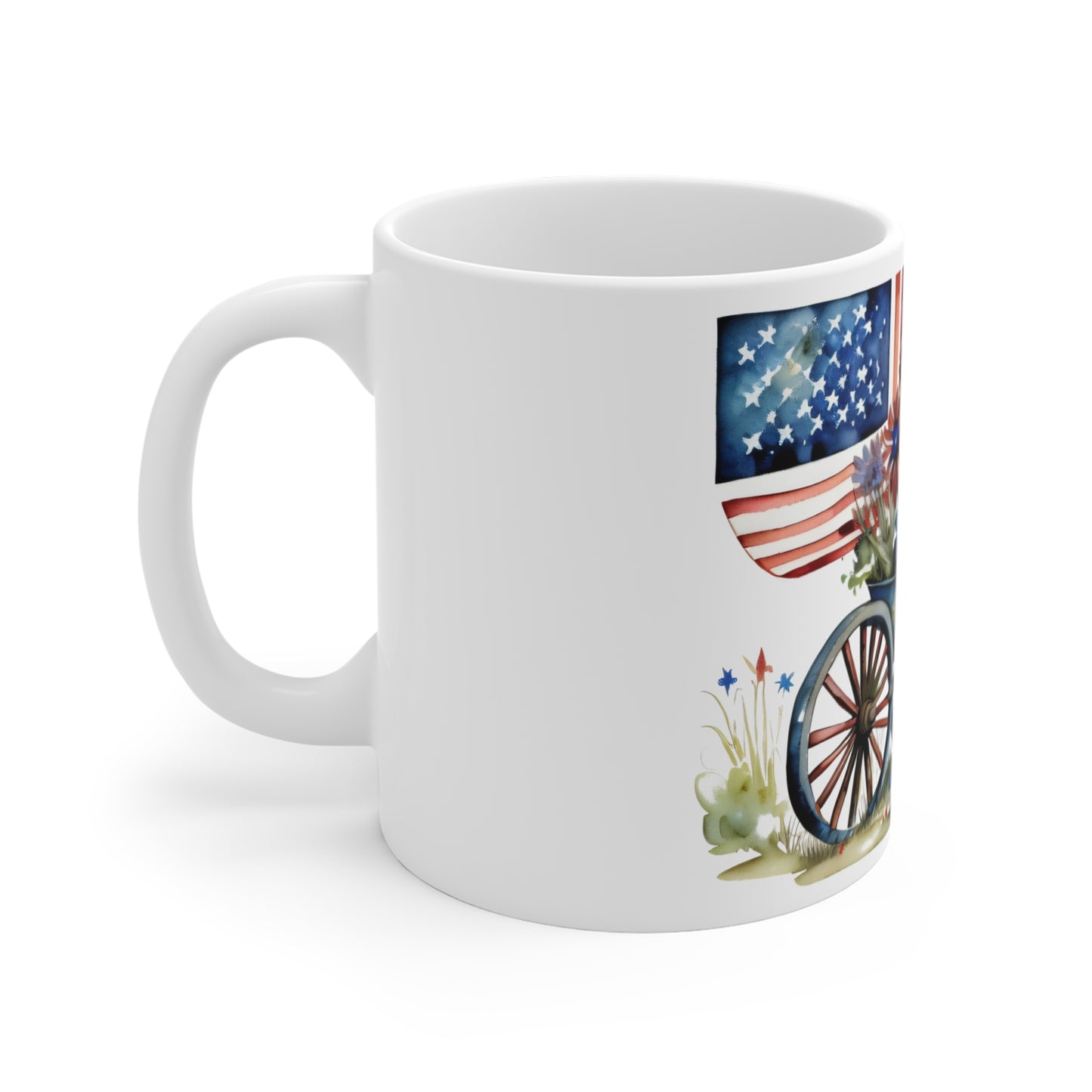 Patriotic Floral Wagon Mug – Americana Watercolor USA Flag Coffee Cup – Rustic Farmhouse Red White Blue Mug 11oz