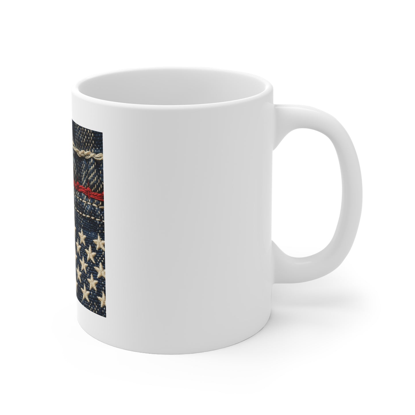 American Flag Denim Coffee Mug – Patched USA Flag Stitch Mug – Patriotic Jeans Cup – Rustic Americana Gift – Handmade Style Mug 11oz