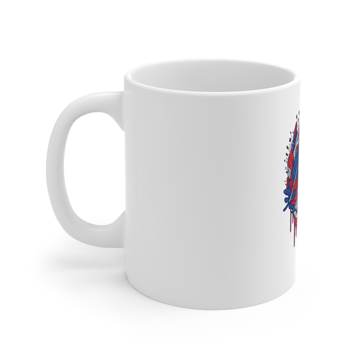 Skull & Feather 11oz Coffee Mug — Red, White & Blue Tattoo Skull Design