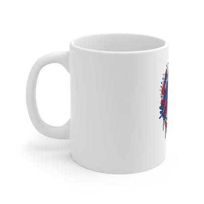 Skull & Feather 11oz Coffee Mug — Red, White & Blue Tattoo Skull Design