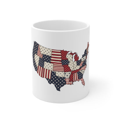 USA Patchwork Map Mug — Patriotic American Flag 11oz Coffee Cup (Fourth of July, Veteran Gift)