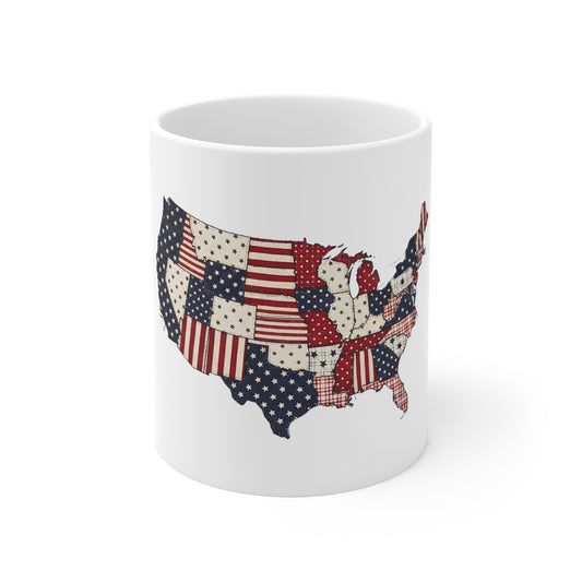 USA Patchwork Map Mug — Patriotic American Flag 11oz Coffee Cup (Fourth of July, Veteran Gift)