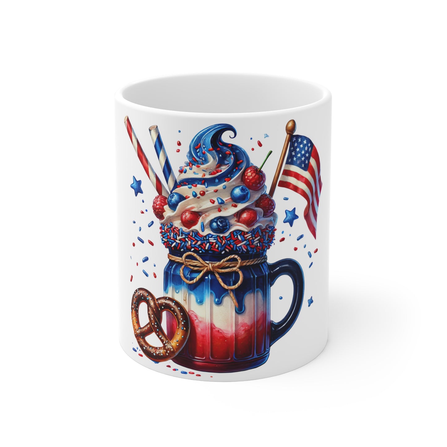 Patriotic Mason Jar Milkshake Coffee Mug – 4th of July Pretzel Dessert Mug – Red White Blue Americana Cup – Festive Sweet Treat Mug – Gift Mug Patriotic Red White Blue Dessert Mug – 11oz 4th of July...