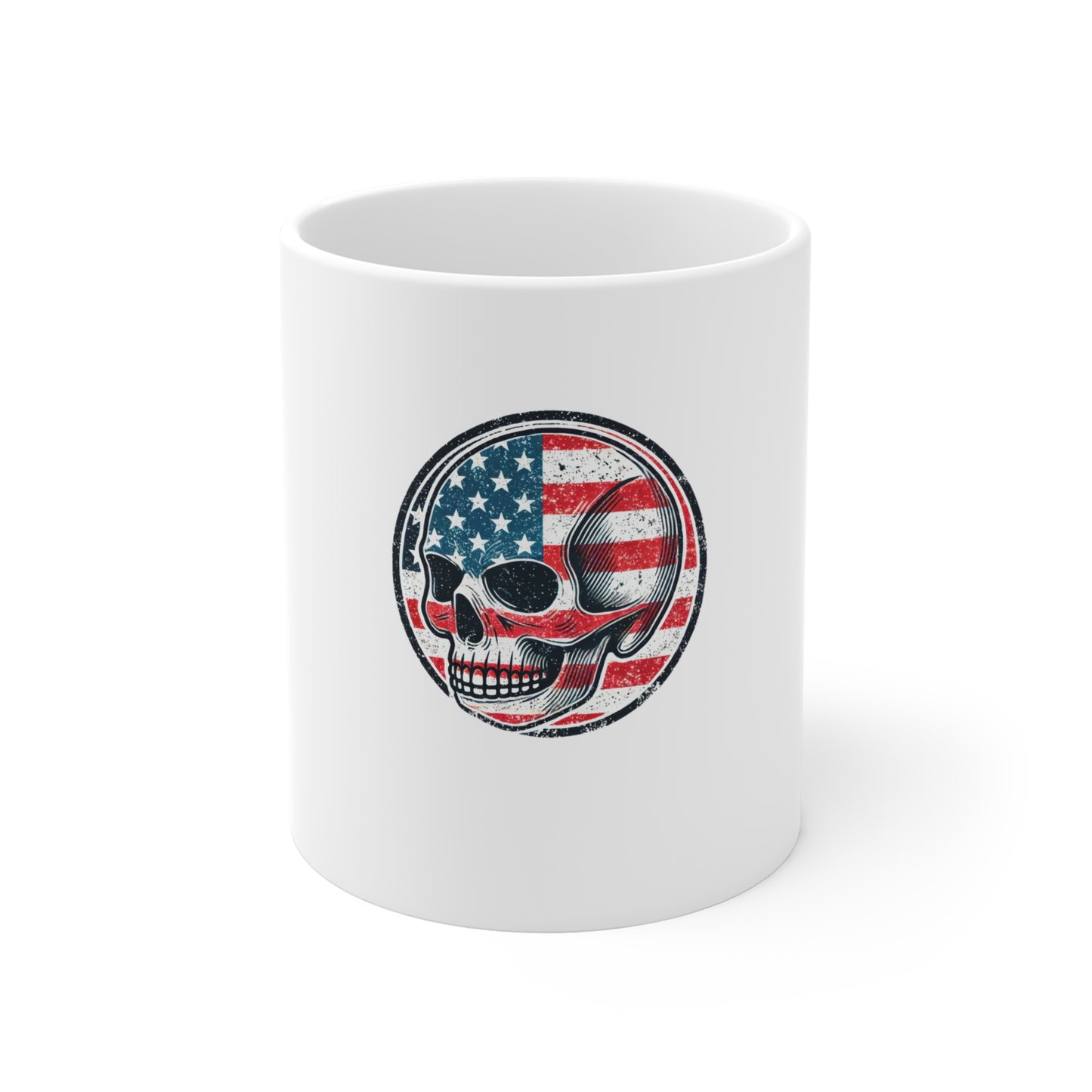 Distressed Patriotic Skull Coffee Mug – Vintage American Flag Skull Badge Mug – Grunge USA Skull Cup – Bold Retro Americana Gift Mug 11oz
