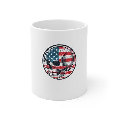 Distressed Patriotic Skull Coffee Mug – Vintage American Flag Skull Badge Mug – Grunge USA Skull Cup – Bold Retro Americana Gift Mug 11oz