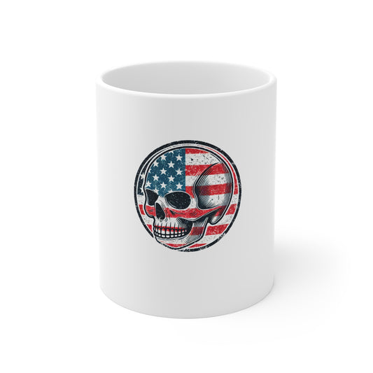 Distressed Patriotic Skull Coffee Mug – Vintage American Flag Skull Badge Mug – Grunge USA Skull Cup – Bold Retro Americana Gift Mug 11oz