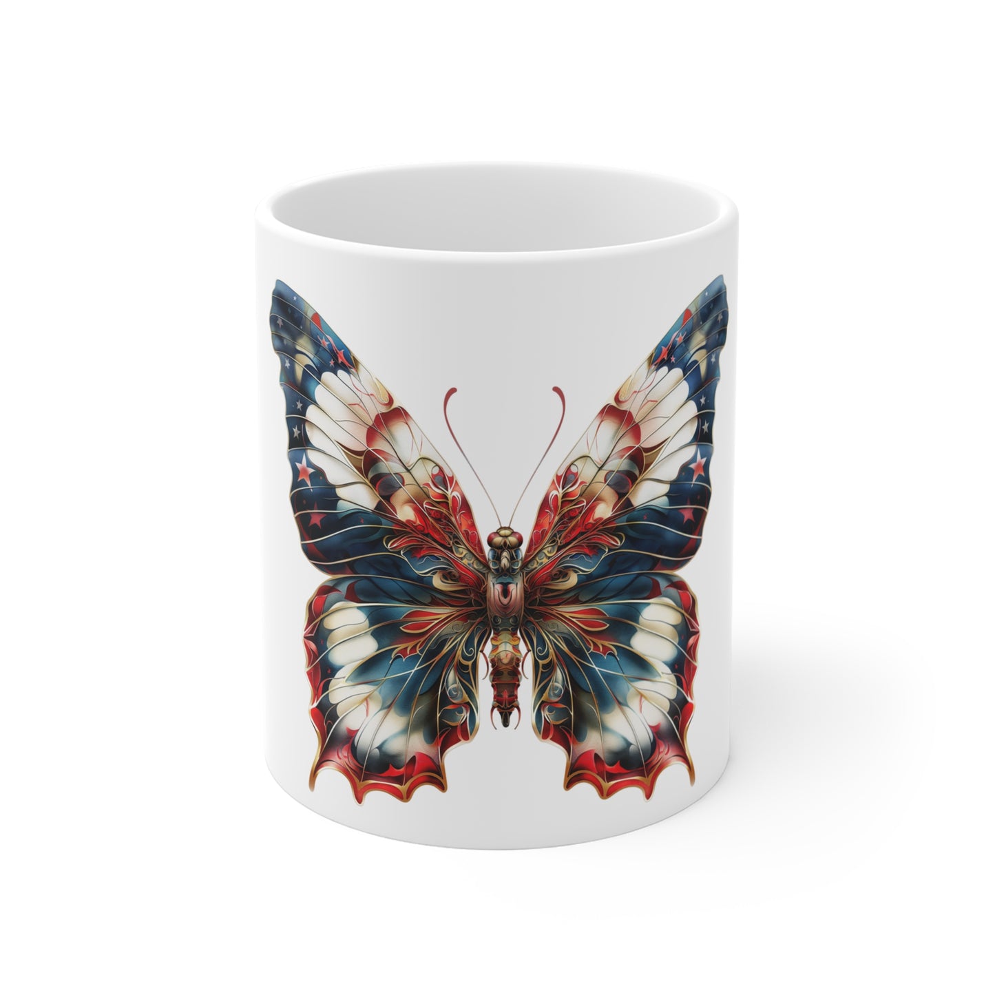 Ornate Patriotic Butterfly Mug – Vintage Americana Filigree Coffee Mug – Red White Blue Elegant Art Cup – USA Gift Mug Mug 11oz
