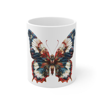 Ornate Patriotic Butterfly Mug – Vintage Americana Filigree Coffee Mug – Red White Blue Elegant Art Cup – USA Gift Mug Mug 11oz