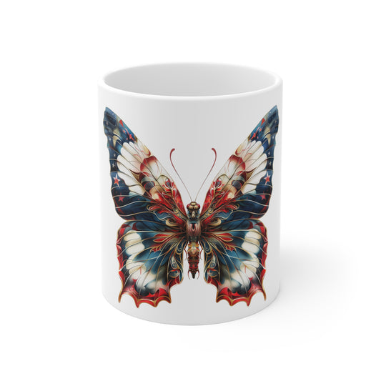 Ornate Patriotic Butterfly Mug – Vintage Americana Filigree Coffee Mug – Red White Blue Elegant Art Cup – USA Gift Mug Mug 11oz