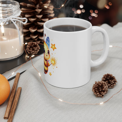 Cute Patriotic Bee Coffee Mug – Kawaii Fireworks Bumblebee Mug – Red White Blue Americana Cup – Adorable USA Gift Mug 11oz