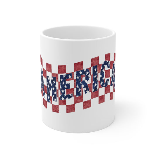 American Flag Pattern Mug — "AMERICAN" Checkerboard Stars & Stripes 11oz