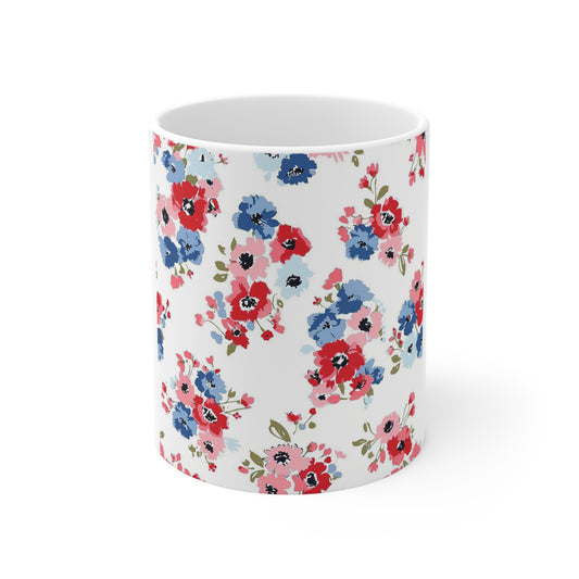Patriotic Floral Coffee Mug – Red White Blue Flower Mug – Shabby Chic Americana Mug – Soft Vintage Floral USA Cup Floral Vintage 11oz Ceramic Mug – Red & Blue Petite Flower Pattern