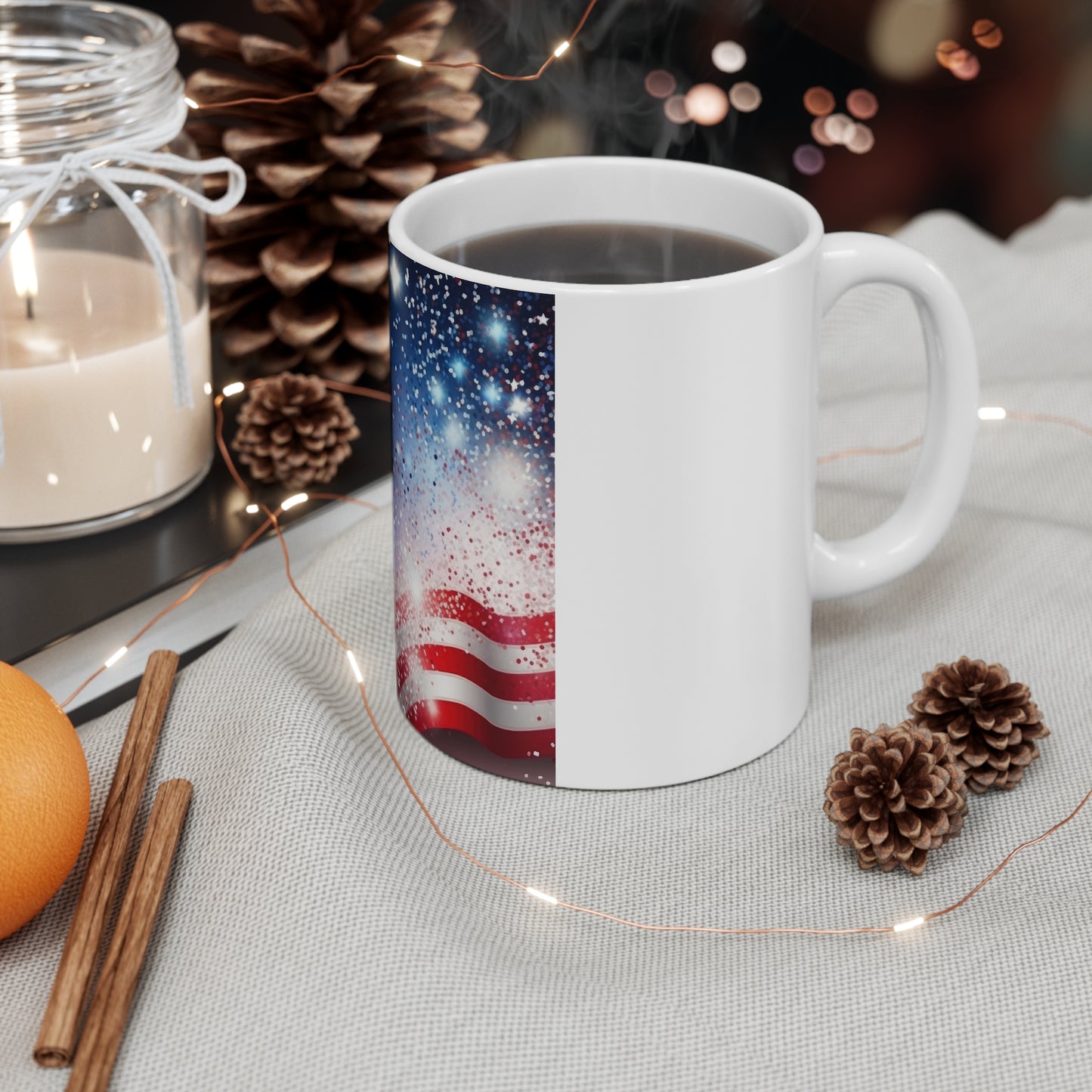 Sparkling Stars & Stripes Coffee Mug – Patriotic Glitter Wave Mug – Firework Americana Cup – Red White Blue Celebration Design Patriotic Stars & Stripes Coffee Mug – 11oz American Flag Design