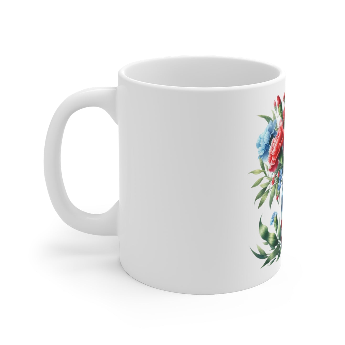 Patriotic Carnation Mason Jar Coffee Mug – Red White Blue Floral Flag Mug – Americana Garden Flower Cup – 4th of July Gift Patriotic Mason Jar Floral Mug – Red, White & Blue Bouquet 11oz