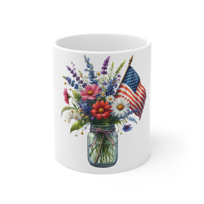 Patriotic Wildflower Bouquet Coffee Mug – American Flag Floral Mason Jar Mug – Red White Blue Wildflower Cup – Rustic Americana Gift Mug American Flag Floral Mug – Mason Jar Bouquet Coffee Cup (11 oz...