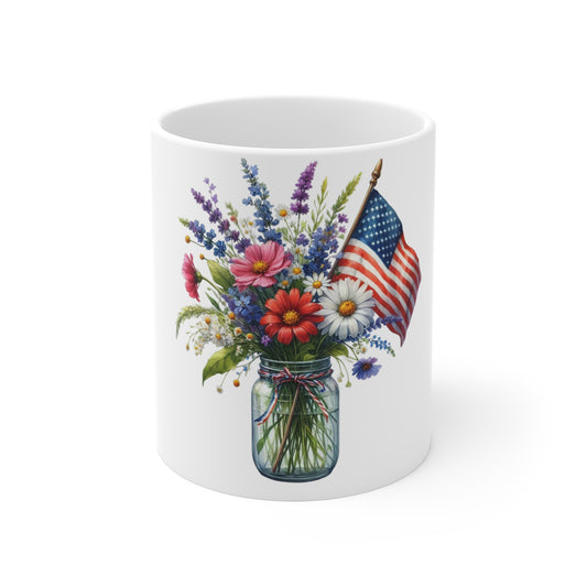 Patriotic Wildflower Bouquet Coffee Mug – American Flag Floral Mason Jar Mug – Red White Blue Wildflower Cup – Rustic Americana Gift Mug American Flag Floral Mug – Mason Jar Bouquet Coffee Cup (11 oz...