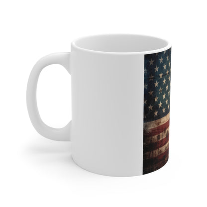 Distressed American Flag Coffee Mug – Drip Grunge USA Mug – Dark Patriotic Mug – Rugged Americana Gift 11oz