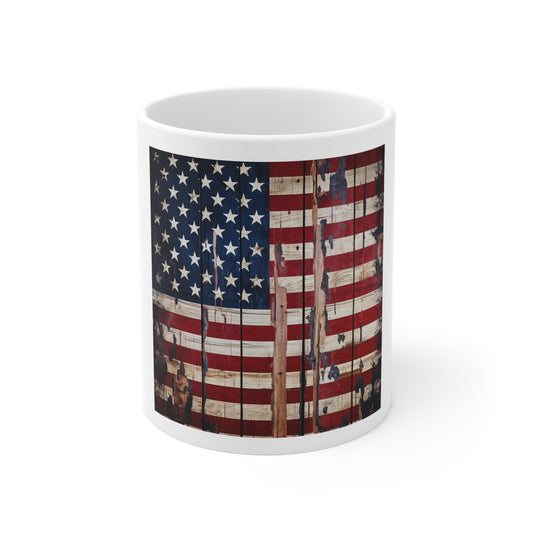 Peeling Barnwood American Flag Coffee Mug – Heavy Distressed USA Flag Mug – Weathered Wood Plank Patriotic Cup – Rustic Americana Farmhouse Mug Rustic American Flag Coffee Mug — Patriotic 11oz Ceramic...