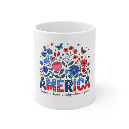 America Floral 11oz Mug — Patriotic Red White Blue Coffee Cup
