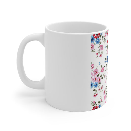 Vintage Americana Floral Coffee Mug – Red White Blue Garden Pattern Mug – Soft Patriotic Cottage Mug – Shabby Chic Floral Cup Floral Vintage Rose 11oz Ceramic Mug — Pink & Blue Cottagecore Tea Cup...