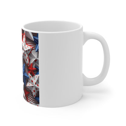 3D Patriotic Star Cluster Coffee Mug – Bold Red White Blue Star Pattern Mug – Layered Americana Starburst Design – USA Stars Mug 11oz