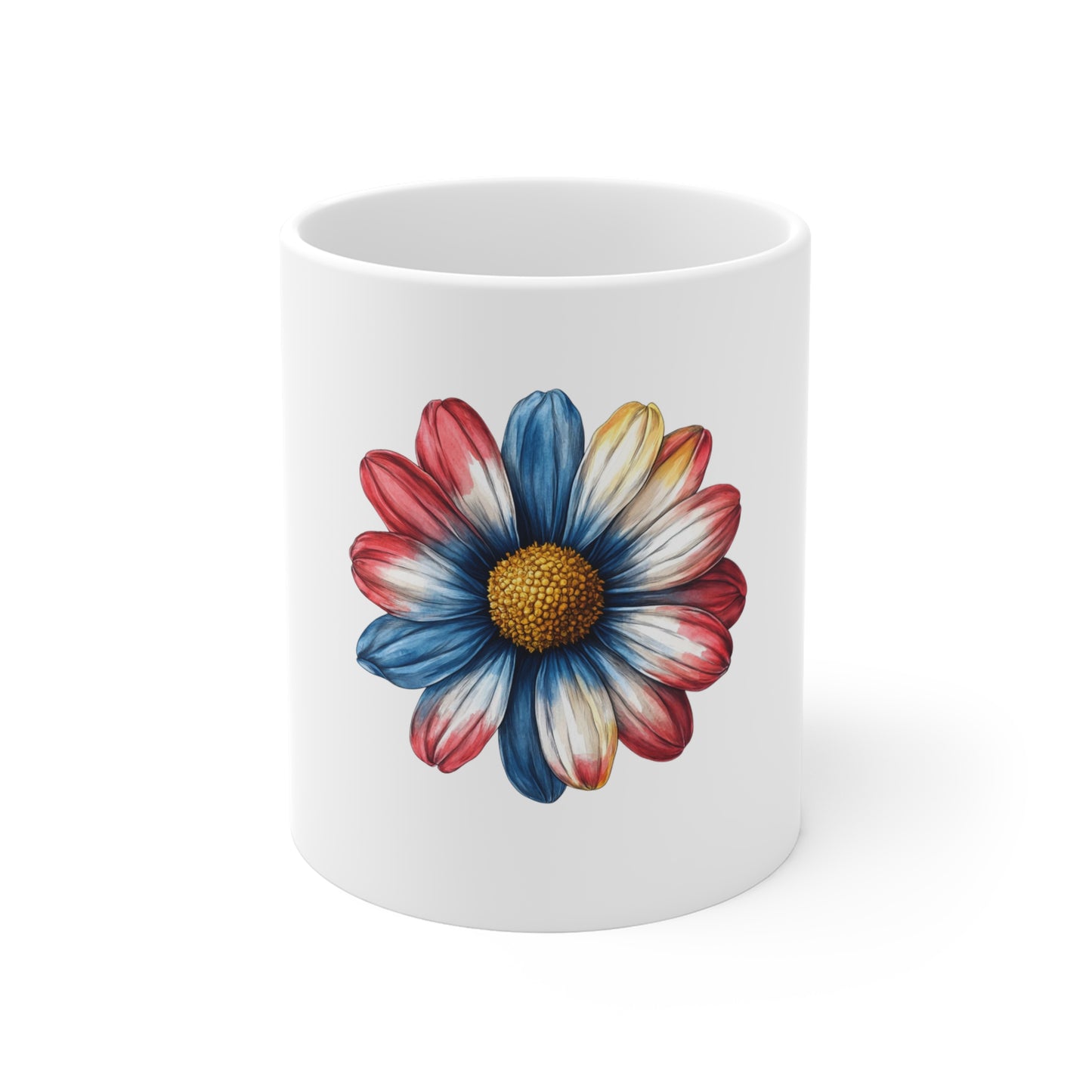 Patriotic Daisy Mug - Red White Blue Flower Coffee Cup (11 oz)
