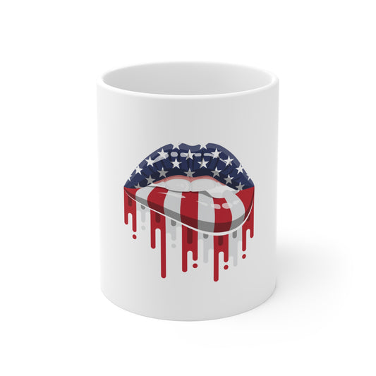 American Flag Drip Lips Mug — Patriotic 11oz Coffee Cup for 4th of July