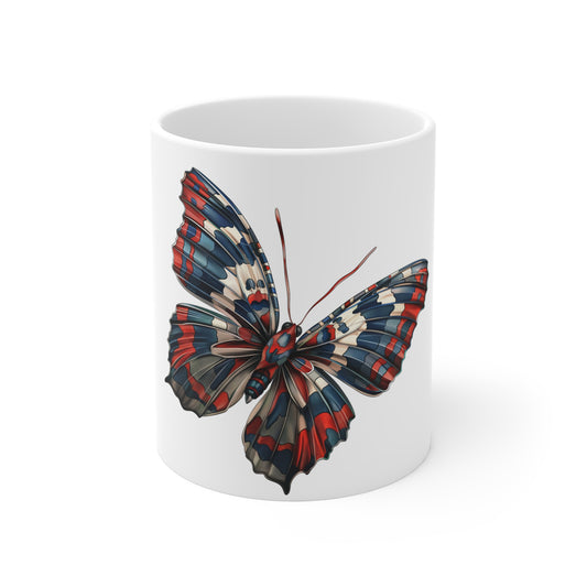 Dynamic Patriotic Butterfly Mug – Angled Red White Blue Wing Coffee Mug – Modern Americana Motion Art Cup – USA Gift Mug Mug 11oz