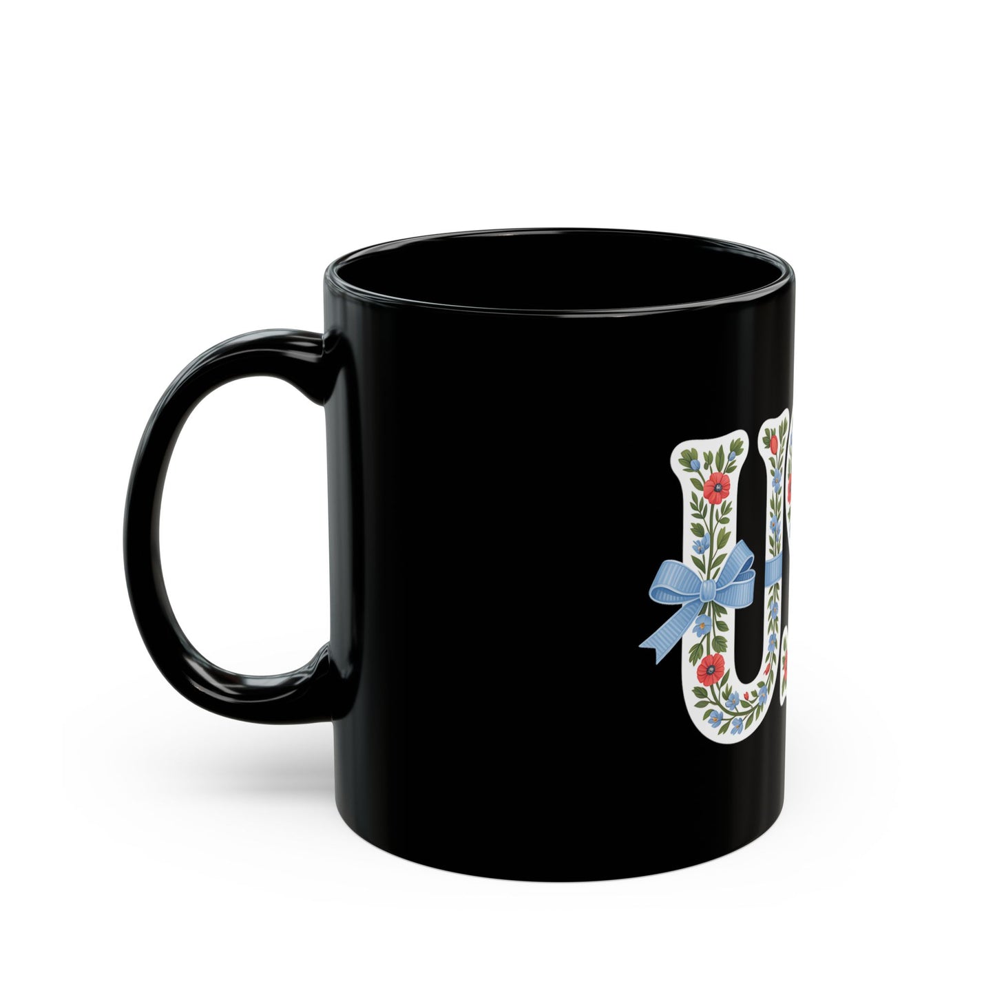 USA Floral Ribbon Mug — Patriotic Floral 11oz/15oz Black Coffee Cup