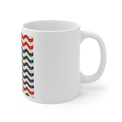 Wavy Patriotic Stripe Coffee Mug – Retro Americana Wave Pattern Mug – Red Blue Star Wave Cup – Modern USA Design Mug 11oz Ceramic Mug — Retro Red & Navy Wavy Stripes (Patriotic Accent)