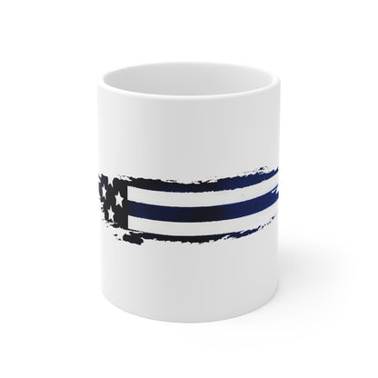 Blue Line American Flag Mug – Thin Blue Line Style Coffee Cup – Minimalist Patriotic Police Support Design Mug 11oz
